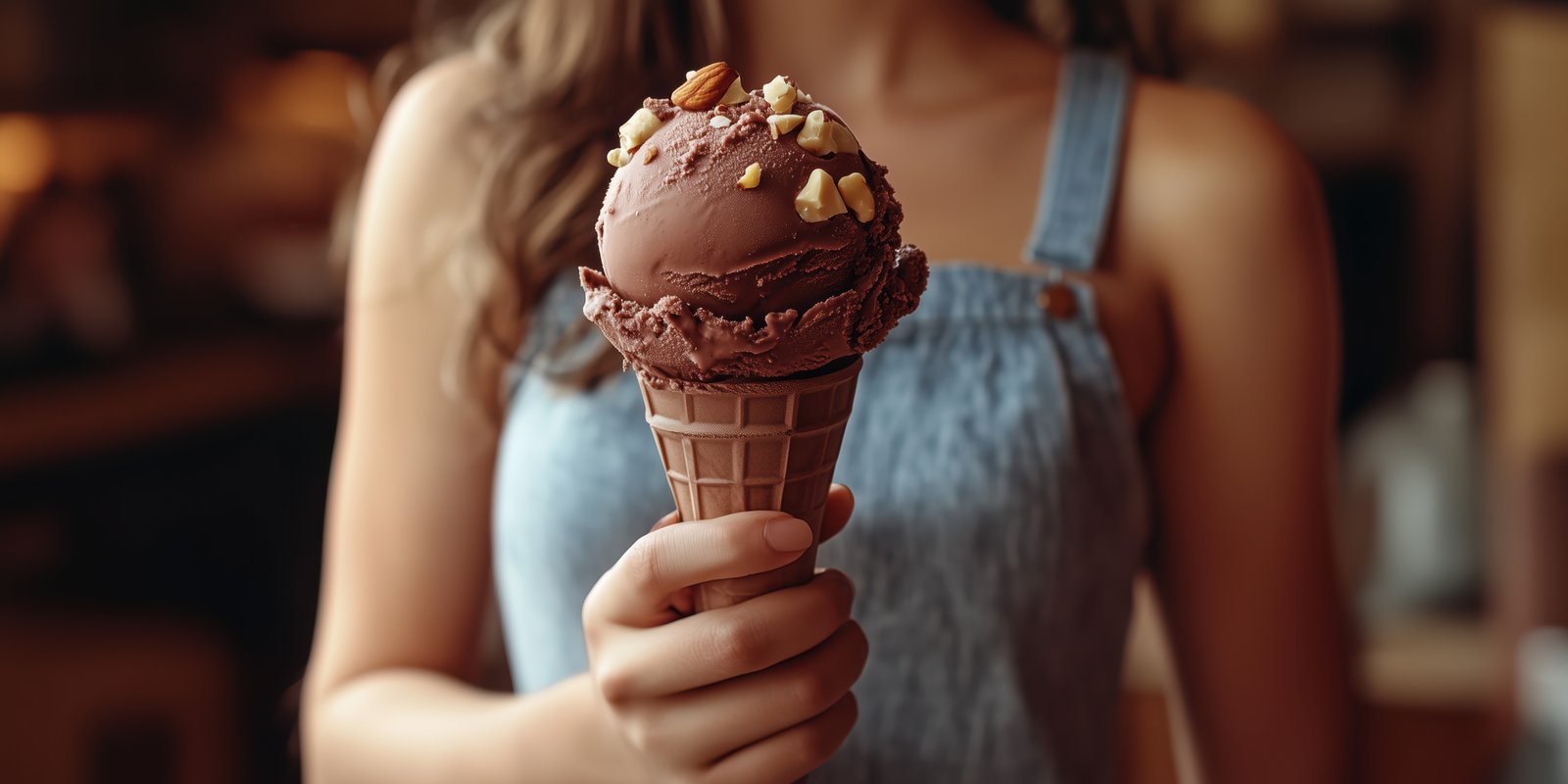Enjoying a rich chocolate ice cream cone on a warm summer day in a cozy cafe setting